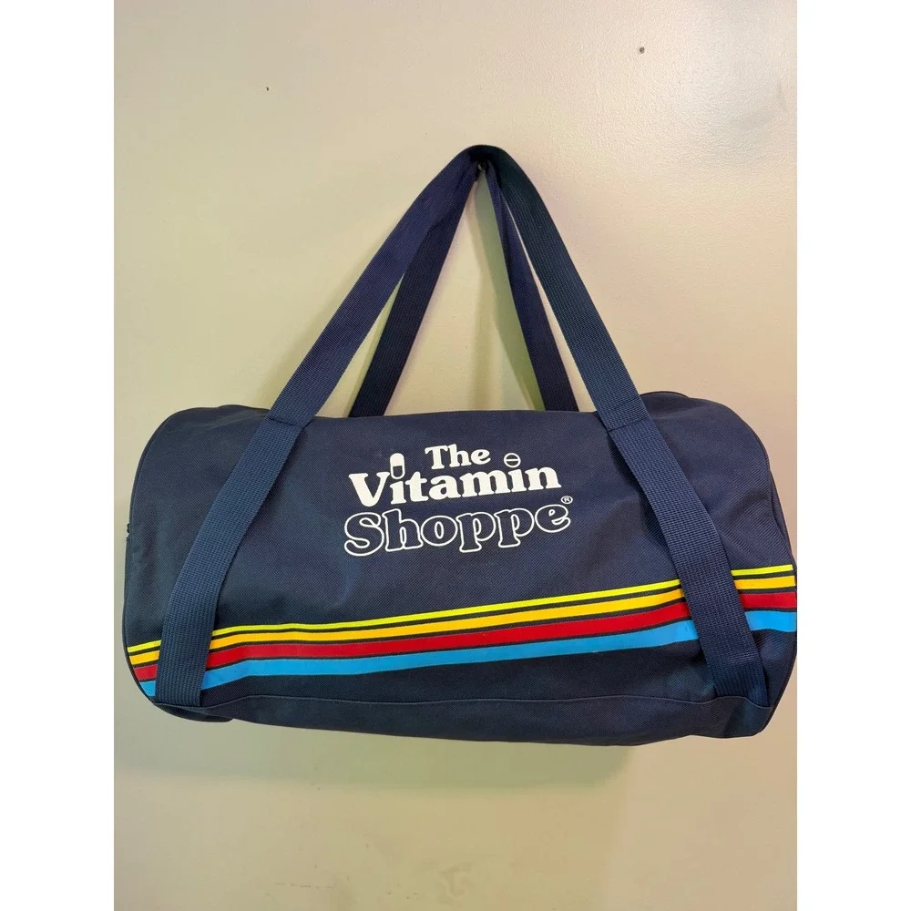 The Vitamin Shoppe Vintage Style Navy Blue Duffle Bag Gym Travel Retro Stripes